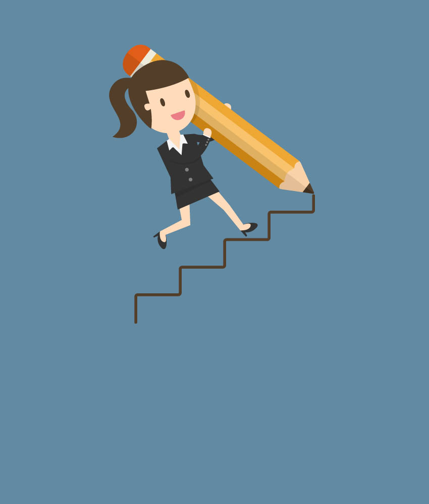 Illustration einer Frau, die eine mit einem Bleistift selbst gezeichnete Treppe hinaufsteigt.