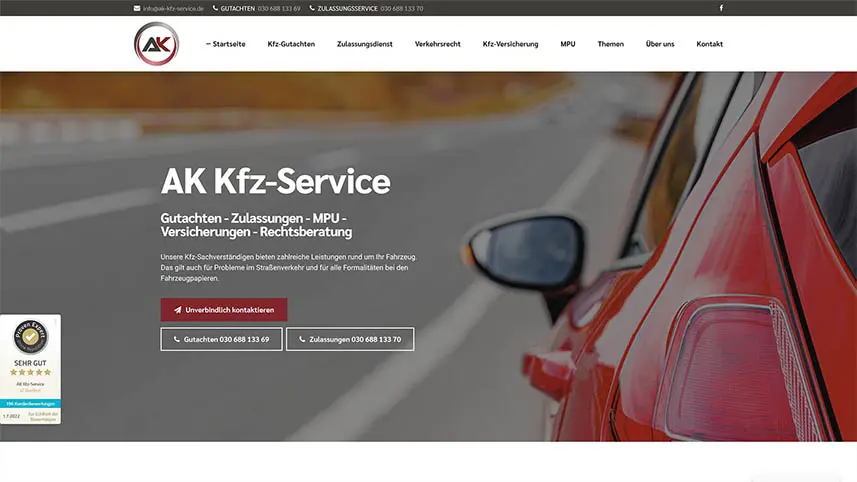 Website-Screenshot der AAKK AK Service Kfz-Sachverständiger GmbH